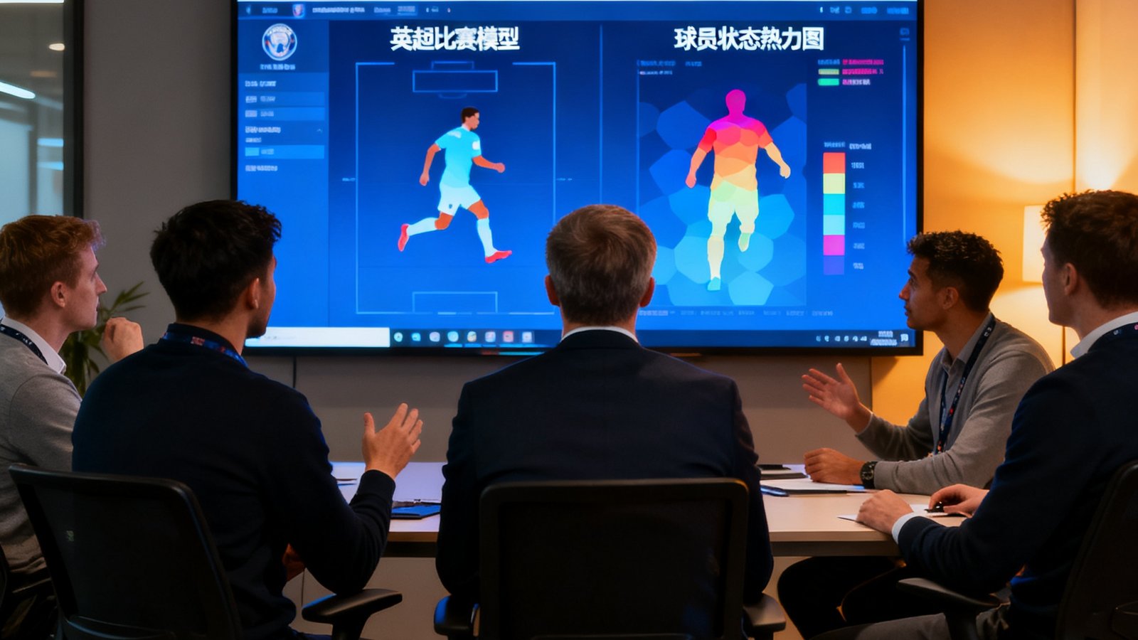 足球赛事分析网的数据分析师和球探围坐在大屏幕前，讨论英超比赛模型与球员状态热力图